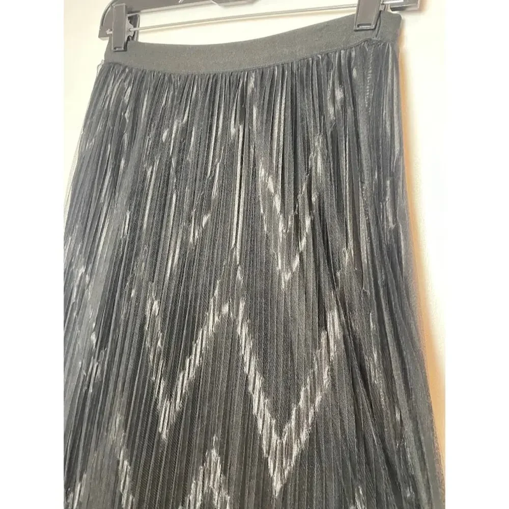 Shengsili‎ Womens Black Pleated Midi Skirt New Chevron Striped Whimsygoth Small
